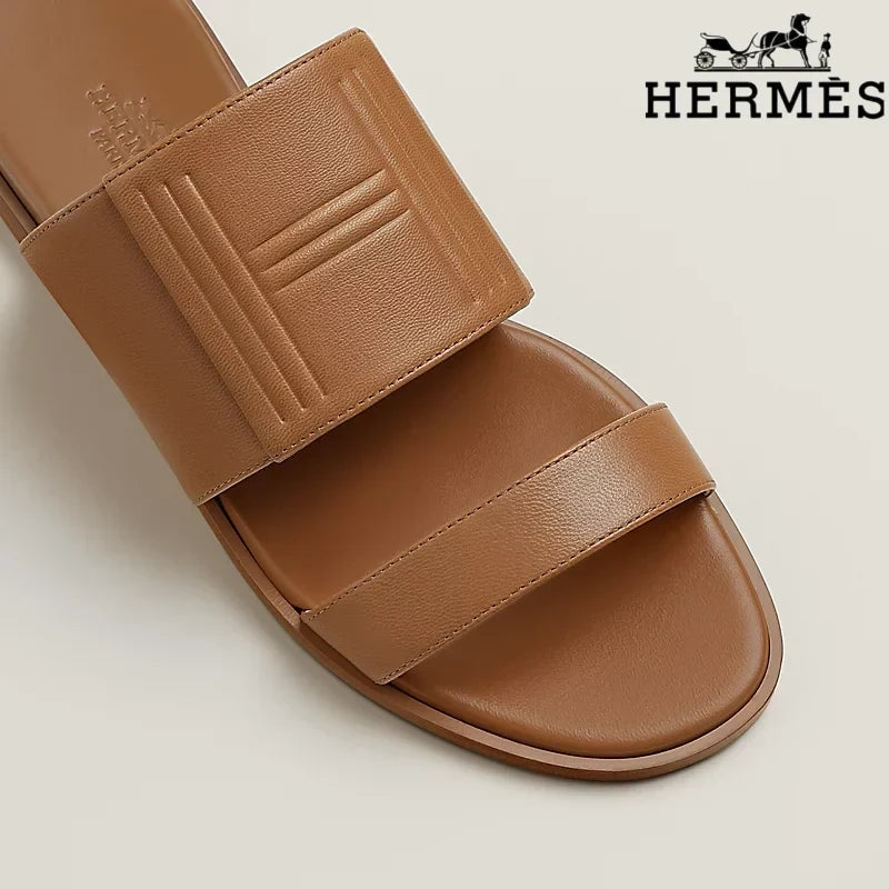 Herm¨¨s female slides Tan Calfskin Two-Strap Flat Slide Sandals