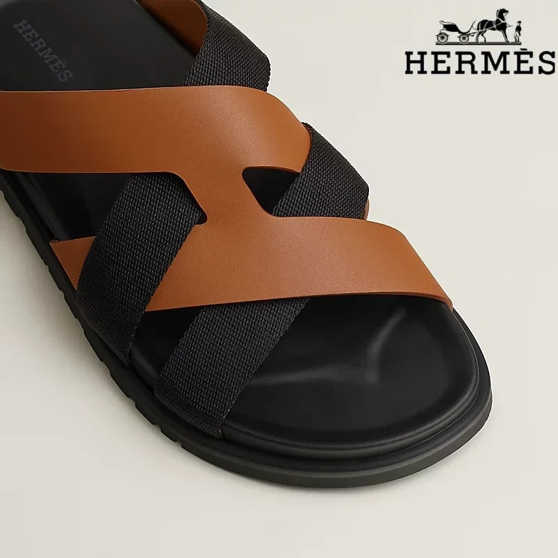 Herm¨¨s slides Tan Leather and Black Webbing Cross-Strap Slide Sandals