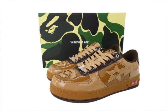 A BATHING APE BAPE STA Glossy Tan & Caramel Eye-Graphic Sneakers | Women's & Men's Skate-Inspired Shoes