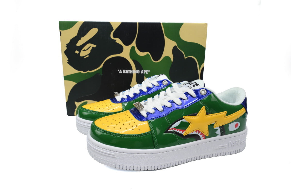 A BATHING APE BAPE STA Glossy Green, Yellow & Blue Shark Sneakers | Women's & Men's Skate-Inspired Shoes