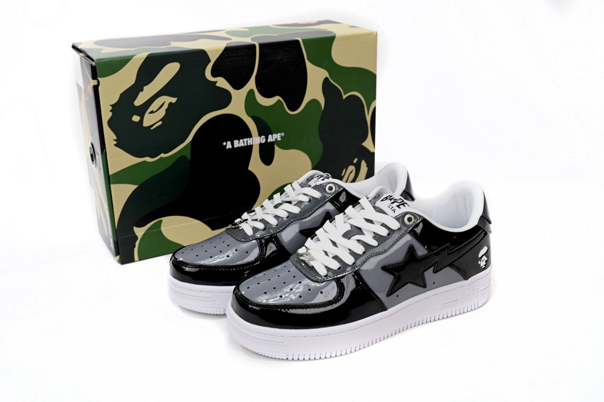 A BATHING APE BAPE STA Glossy Black & Grey Sneakers | Women's & Men's Skate-Inspired Shoes