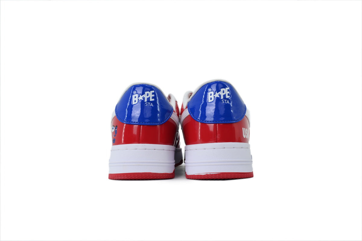 A BATHING APE BAPE STA Glossy Red, Blue & White Eye-Graphic Sneakers | Women's & Men's Skate-Inspired Shoes