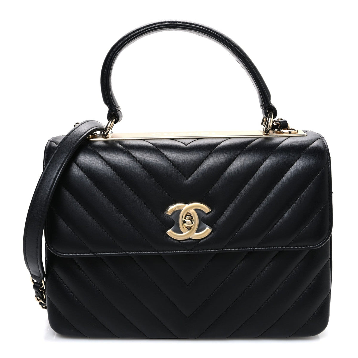 Lambskin Chevron Quilted Small Trendy CC Flap Dual Handle Bag Black