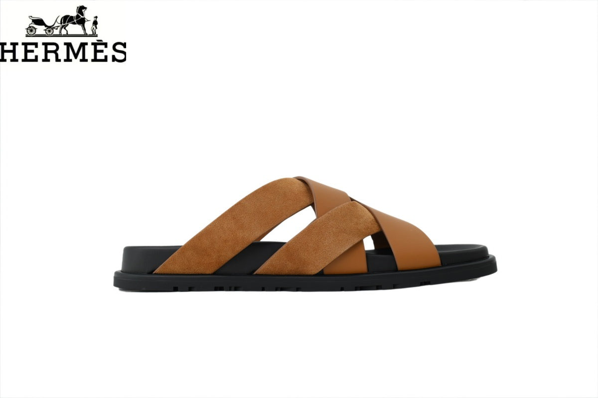 Herm¨¨s   slides  Tan Leather and Suede Cross-Strap Slide Sandal