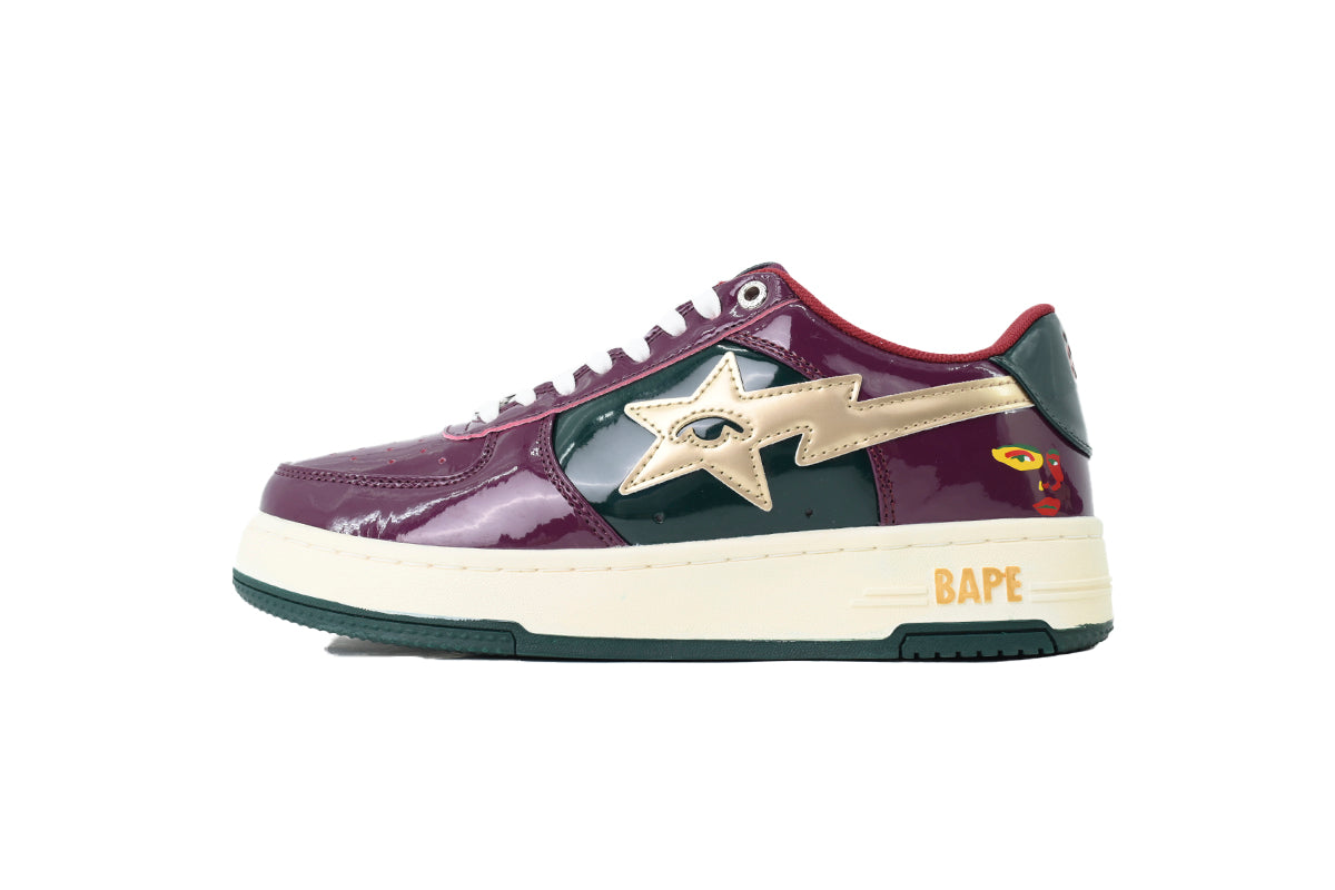 A BATHING APE BAPE STA Glossy Burgundy & Forest Green Eye-Graphic Sneakers | Women's & Men's Skate-Inspired Shoes