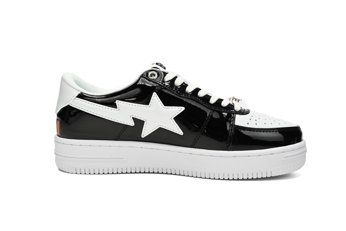 A BATHING APE BAPE STA Glossy Black & White Shark Graphic Sneakers | Women's & Men's Skate-Inspired Shoes