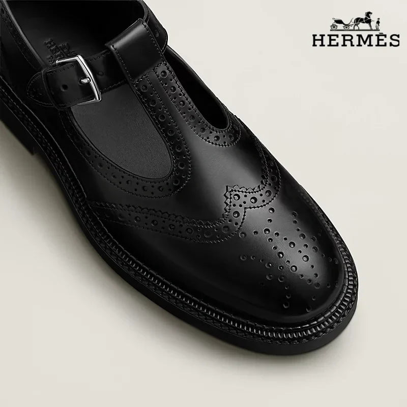Herm¨¨s Black Leather T-Strap Brogue with Buckle