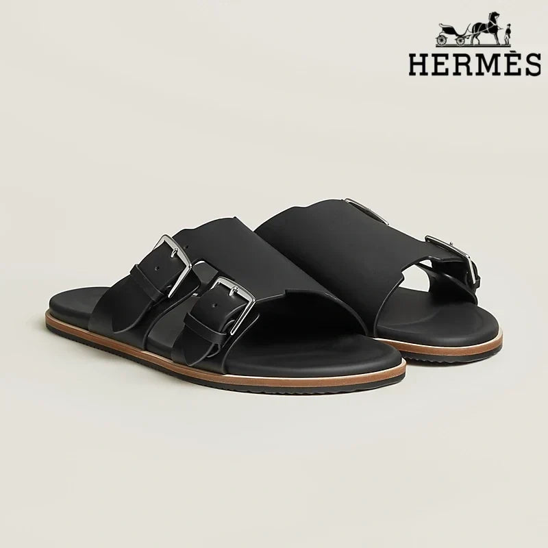 Herm¨¨s Beige Suede Slide Sandals with Double Silver Buckles