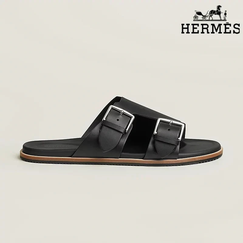 Herm¨¨s Black Smooth Leather Slide Sandals with Double Silver Buckles