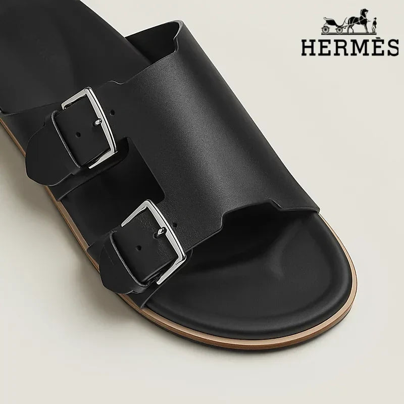 Herm¨¨s Black Smooth Leather Slide Sandals with Double Silver Buckles