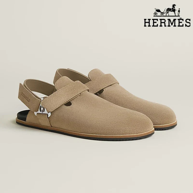 Herm¨¨s Light Khaki Suede Slingback Mules with Silver H Turnlock