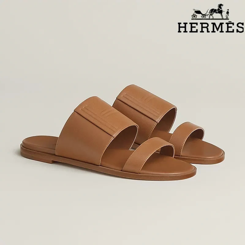 Herm¨¨s  female slides Tan Calfskin Two-Strap Flat Slide Sandals