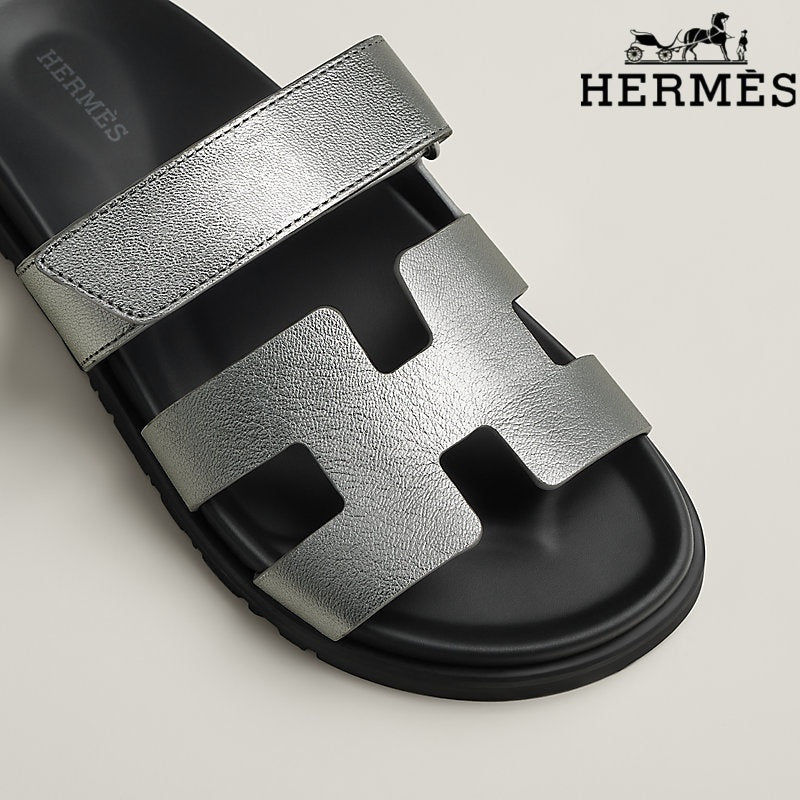 Herm¨¨s Silver Metallic Leather H Cutout Slide Sandals
