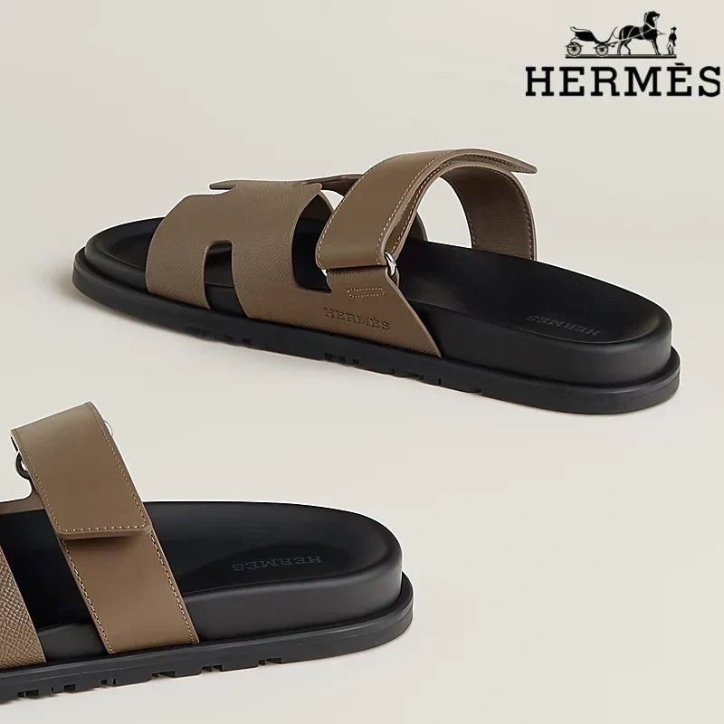 Herm¨¨s womens shoes men sneaker Taupe Leather H Cutout Double-Strap Slide Sandals