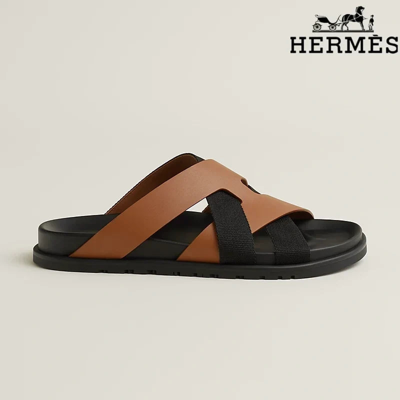 Herm¨¨s   slides Tan Leather and Black Webbing Cross-Strap Slide Sandals