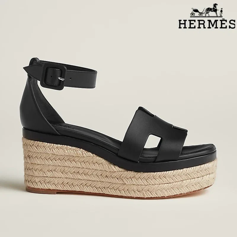 Herm¨¨s Black Leather Wedge Espadrille Sandal