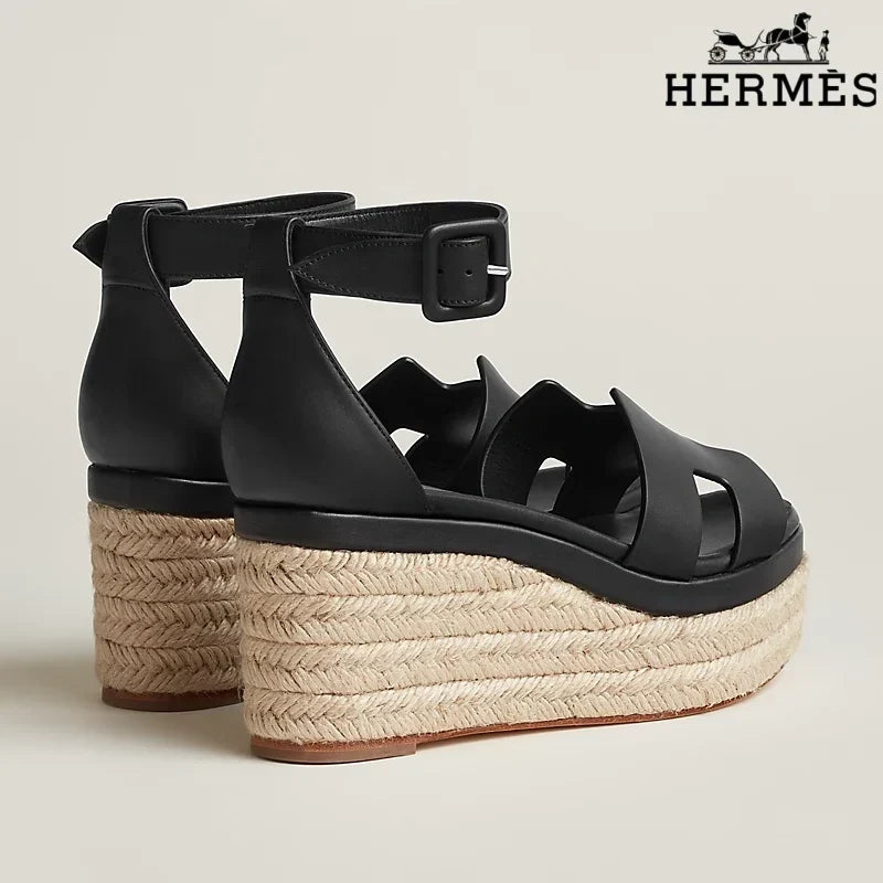 Herm¨¨s Black Leather Wedge Espadrille Sandal