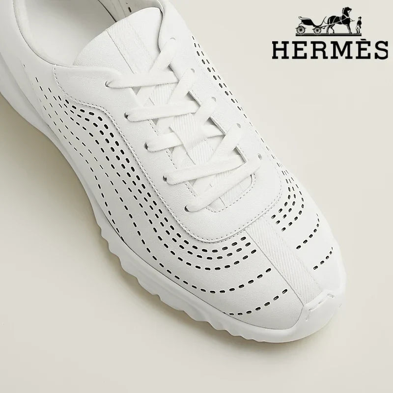 Herm¨¨s womens shoes men sneaker White Perforated Leather Sneakers