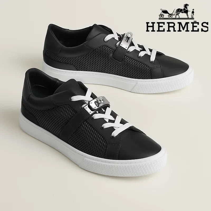 Herm¨¨s Black Leather Mesh Low Top Sneakers