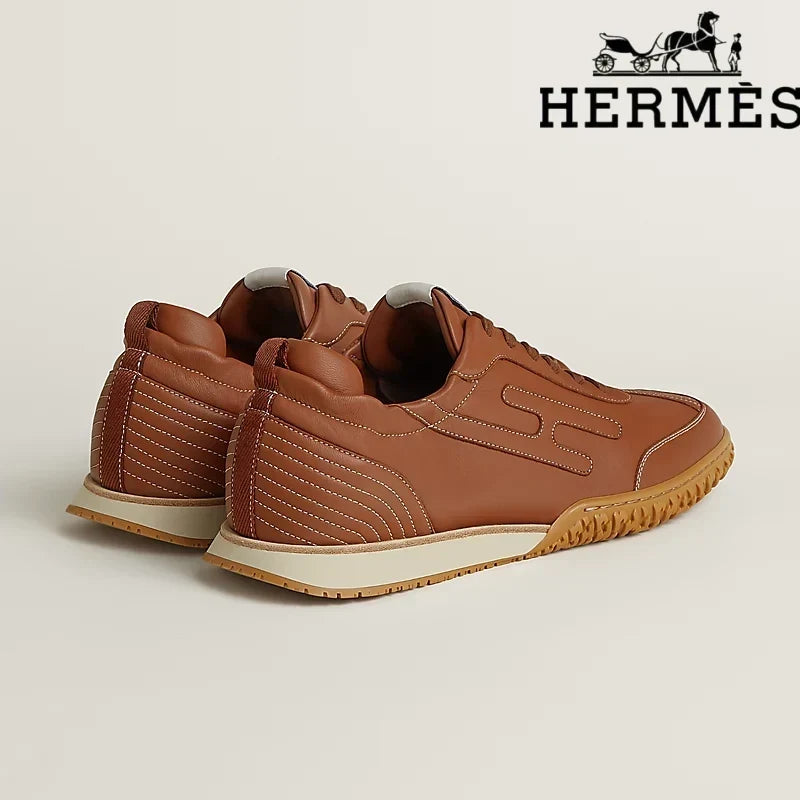 Herm¨¨s womens shoes men sneaker Tan Leather Stitched Sneaker