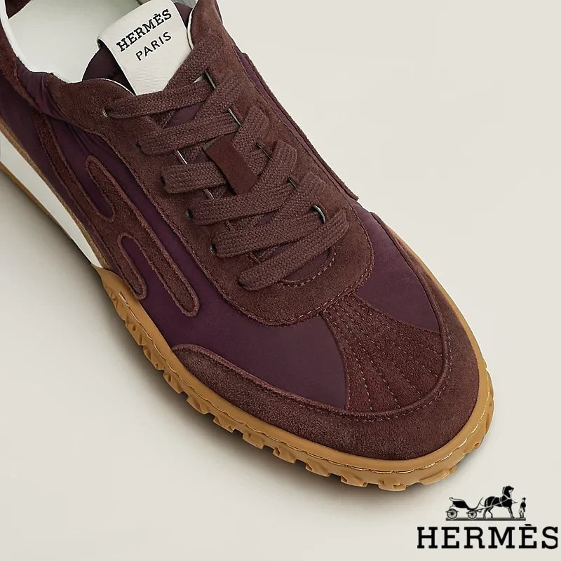 Herm¨¨s Burgundy Mixed Fabric Retro Sneakers