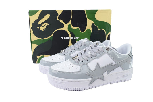 A BATHING APE BAPE STA Glossy Light Grey & White Oversized-Star Sneakers | Women's & Men's Skate-Inspired Shoes