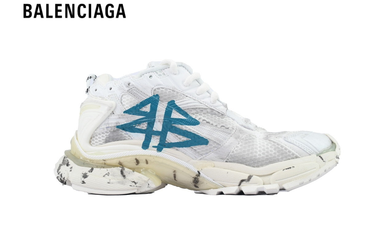 Balenciaga Runner men's shoes  women sneakers ¡ª White Mesh & Blue Graffiti Print