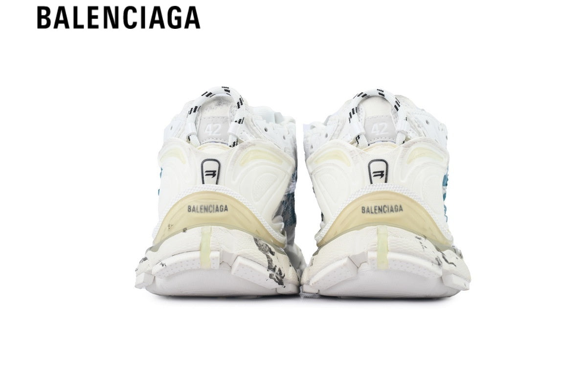 Balenciaga Runner men's shoes  women sneakers ¡ª White Mesh & Blue Graffiti Print