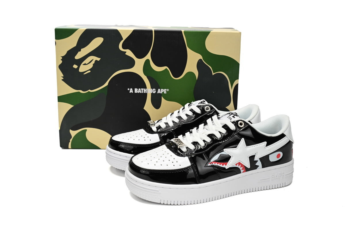 A BATHING APE BAPE STA Glossy Black & White Shark Graphic Sneakers | Women's & Men's Skate-Inspired Shoes