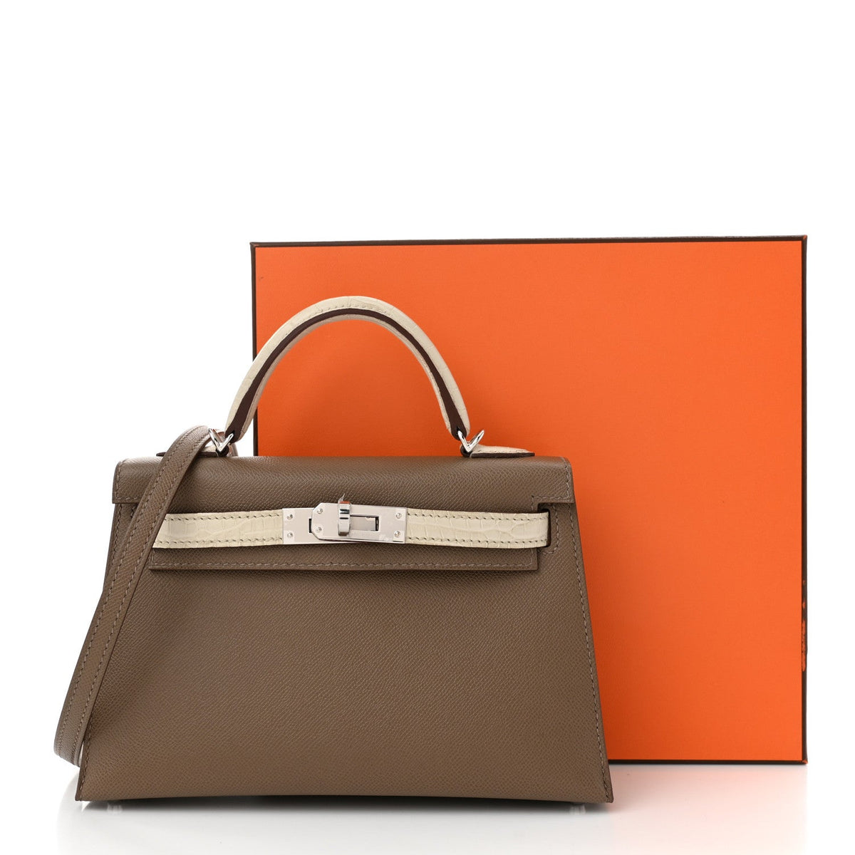 Madame Calfskin Matte Alligator Mini Kelly Sellier Touch 20 Etoupe Beton
