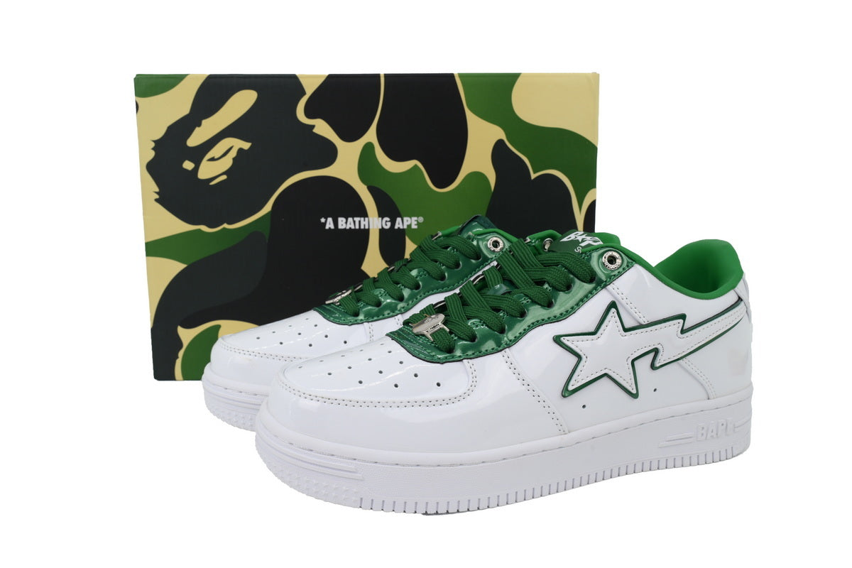 A BATHING APE BAPE STA White & Green Outline-Star Sneakers | Women's & Men's Skate-Inspired Shoes
