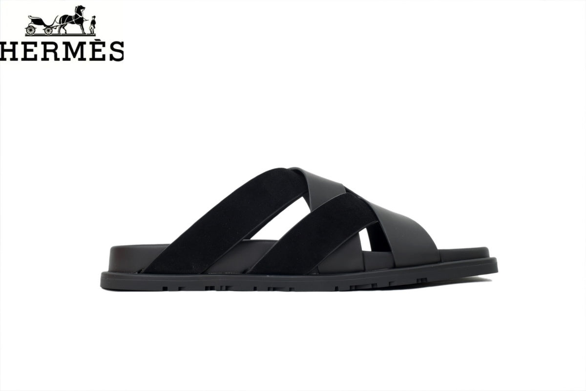 Herm¨¨s Black Leather and Suede Cross-Strap Slide Sandal
